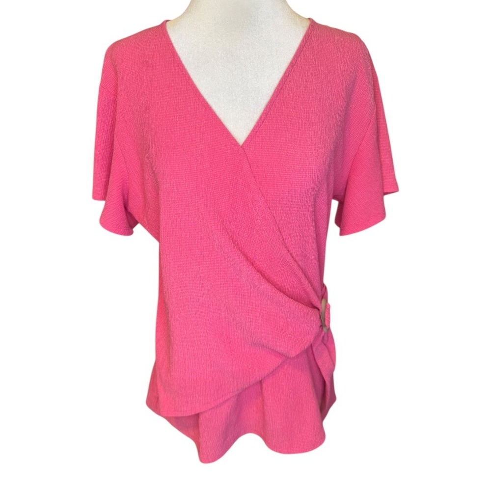 Vince Camuto Womens Pink Textured Faux Wrap Ring Detail V-Neck Blouse Medium